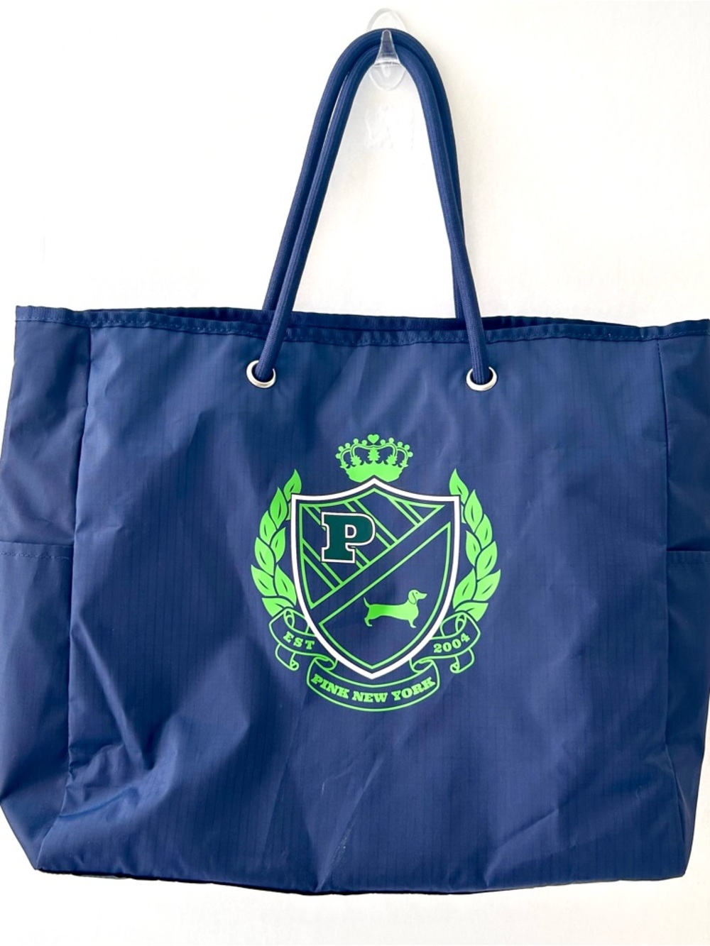 PINK Victoria's Secret Navy Blue Tote with Neon Green Crest